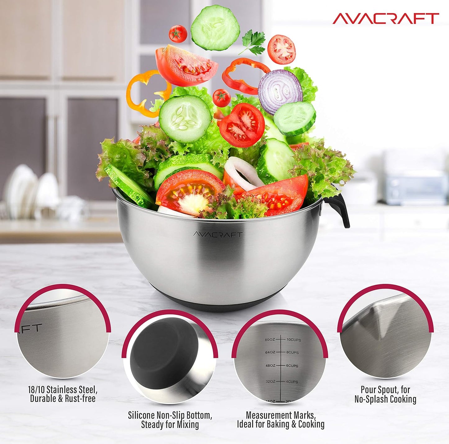 18/10 Stainless Steel Mixing Bowl Set with Lids, Black | Non-Slip Silicone Base, Ergonomic Handles, Pour Spouts, Interior Measurement Marks, Nesting Design, Dishwasher Safe