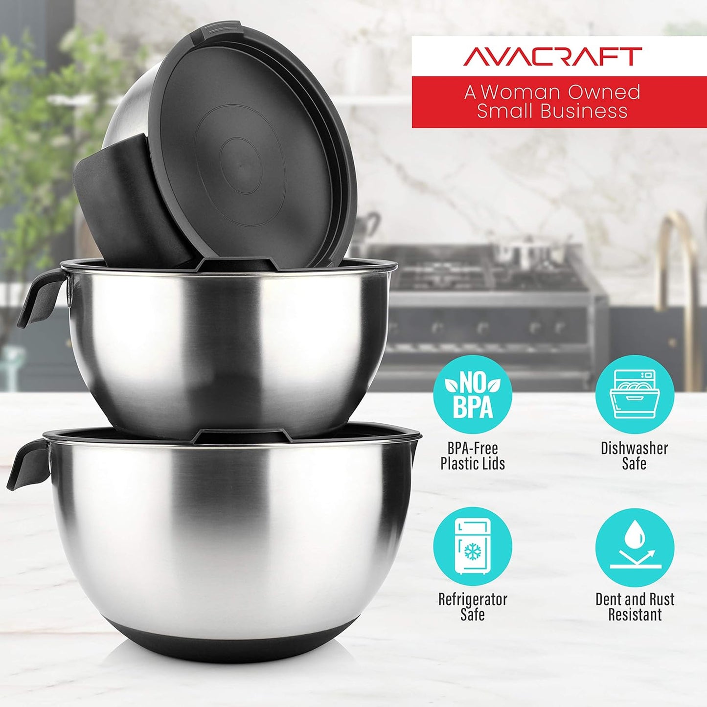 18/10 Stainless Steel Mixing Bowl Set with Lids, Black | Non-Slip Silicone Base, Ergonomic Handles, Pour Spouts, Interior Measurement Marks, Nesting Design, Dishwasher Safe