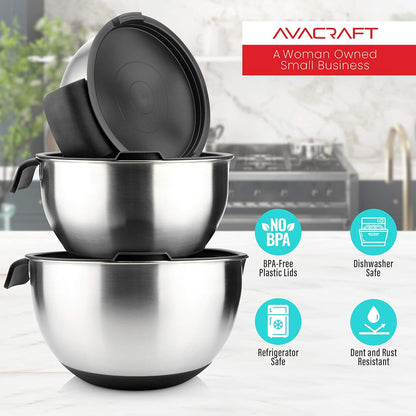 18/10 Stainless Steel Mixing Bowl Set with Lids, Black | Non-Slip Silicone Base, Ergonomic Handles, Pour Spouts, Interior Measurement Marks, Nesting Design, Dishwasher Safe