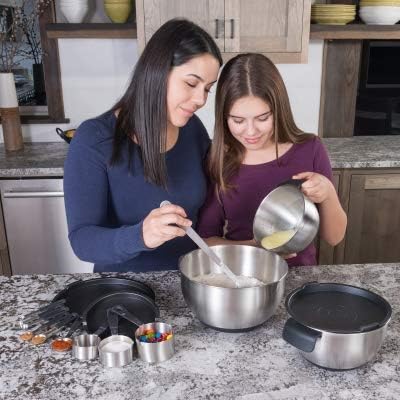 18/10 Stainless Steel Mixing Bowl Set with Lids, Black | Non-Slip Silicone Base, Ergonomic Handles, Pour Spouts, Interior Measurement Marks, Nesting Design, Dishwasher Safe