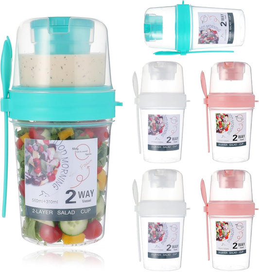 6 Pcs Salad Shaker Cup with Lids and Fork Fresh Salad Shaker Container for Lunch, Portable Breakfast Meal Vegetable and Fruits, White, Pink, Green