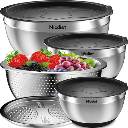 Nicdiet Mixing Bowls with Airtight Lids, Stainless Steel Mixing Bowl Set with 3 Metal Nesting Bowls, Colander & Grater, Non-Slip Bottoms, Size 1.5, 2.5, 5 QT, Great for Mixing & Serving, Khaki