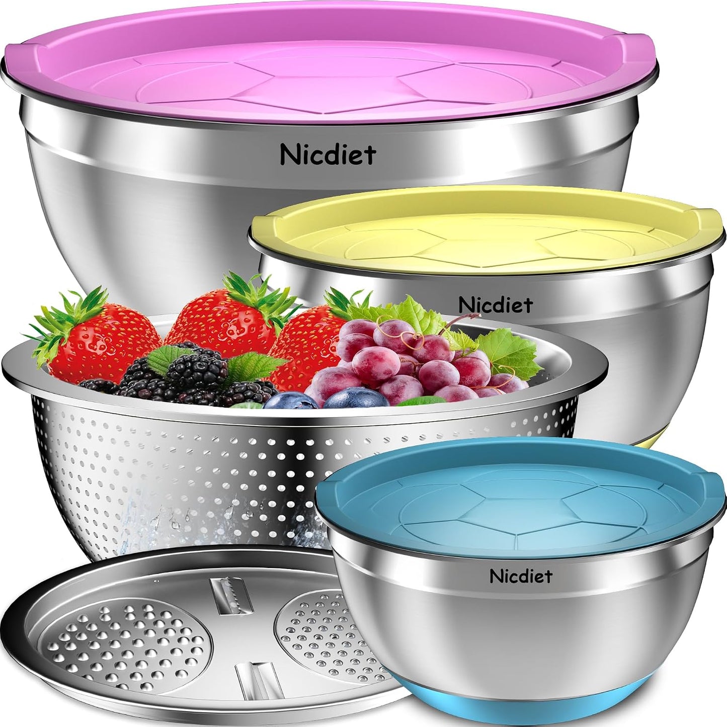 Nicdiet Mixing Bowls with Airtight Lids, Stainless Steel Mixing Bowl Set with 3 Metal Nesting Bowls, Colander & Grater, Non-Slip Bottoms, Size 1.5, 2.5, 5 QT, Great for Mixing & Serving, Khaki
