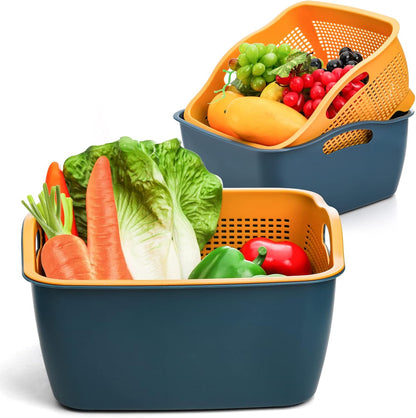 2 Pack 9 & 8 Quart Large Kitchen Strainer Colander Bowl Set, Double-Layer Plastic Fruits Vegetable Washing Basket, Drain Bowls for Cleaning Washing Mixing, Detachable (Blue, Orange)