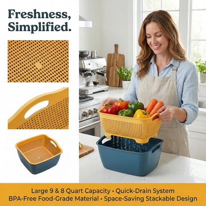 2 Pack 9 & 8 Quart Large Kitchen Strainer Colander Bowl Set, Double-Layer Plastic Fruits Vegetable Washing Basket, Drain Bowls for Cleaning Washing Mixing, Detachable (Blue, Orange)