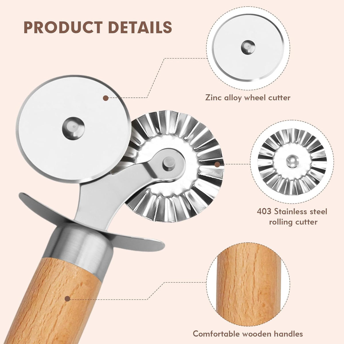 Pasta Cutter Wheel - Fluted Pastry Cutter Double Wheel Ravioli Cutter Tool with Wooden Handle for Pasta Pizza Ravioli Cookie