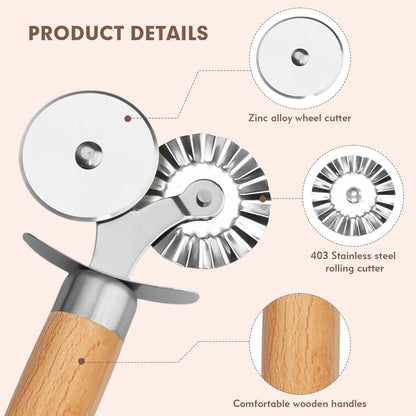Pasta Cutter Wheel - Fluted Pastry Cutter Double Wheel Ravioli Cutter Tool with Wooden Handle for Pasta Pizza Ravioli Cookie