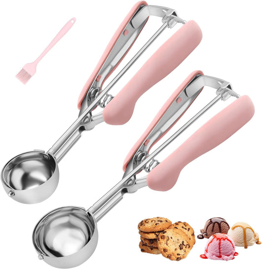 Cookie Scoops for Baking Set of 2, Pink Handle 18/8 Stainless Steel Ice Cream Scoop Set with Ergonomic Soft Grip, Spring Trigger Release Cookie Dough Scooper for Cupcakes, Muffins, Meatballs, Melon
