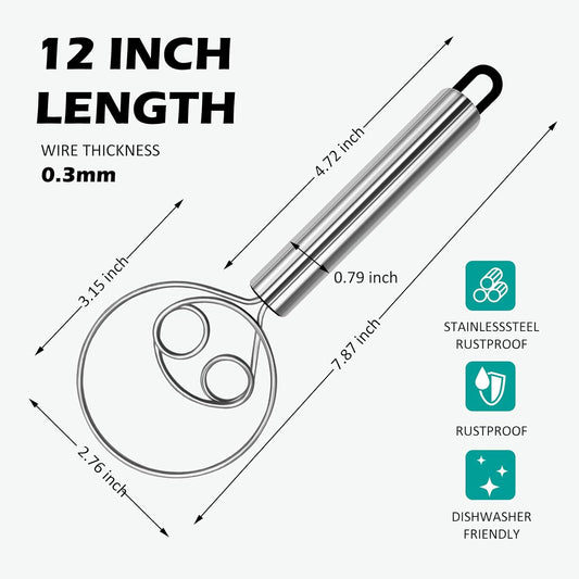 Danish Dough Whisk & Mixer Set - 2 Pack Stainless Steel Dough Whisks for Baking, Hand Mixer for Bread, Pizza, Pastry - Ergonomic Design for Easy Kneading & Blending