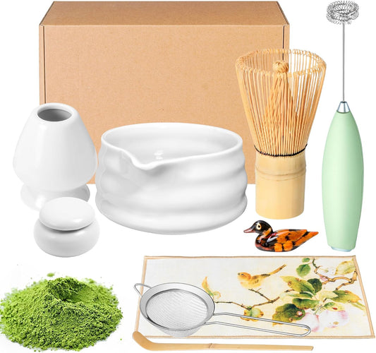 Matcha Whisk Set and Bowl, Matcha Making Kit Whisk, Bowl With Spout, Powder Starter Sifter, Ceramic Whisk Holder, Spoon Japanese Tea Tools For Ceremony Gift (White, 9 Pack)