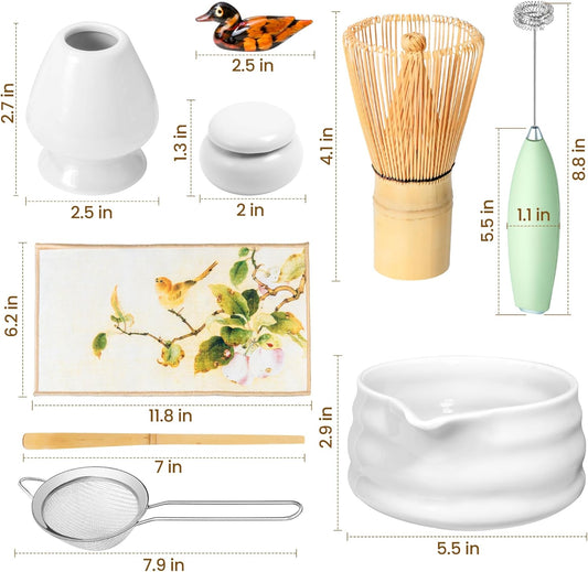Matcha Whisk Set and Bowl, Matcha Making Kit Whisk, Bowl With Spout, Powder Starter Sifter, Ceramic Whisk Holder, Spoon Japanese Tea Tools For Ceremony Gift (White, 9 Pack)