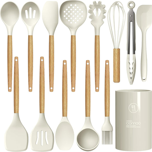 Silicone Cooking Utensils Set - 446°F Heat Resistant Silicone Kitchen Utensils for Cooking,Kitchen Utensil Spatula Set w Wooden Handles, BPA FREE Gadgets for Non-Stick Cookware (Khaki)