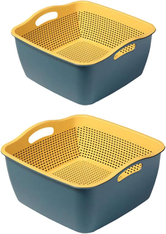 Double-layer Kitchen Colanders Vegetable Wash Basket Set, Plastic Fruit Strainer Bowls with Drainage, Large and Small Square Baskets for Kitchen Food Storage and Washing