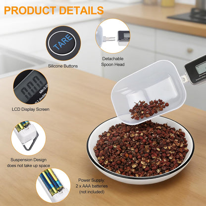 Digital Measuring Spoon Scale, High Precision 0.05g to 500g Capacity, with 30ml & 80ml Detachable Spoons, Tare Function & Unit Conversion for Baking, Cooking, Pet Food, Kitchen - Black