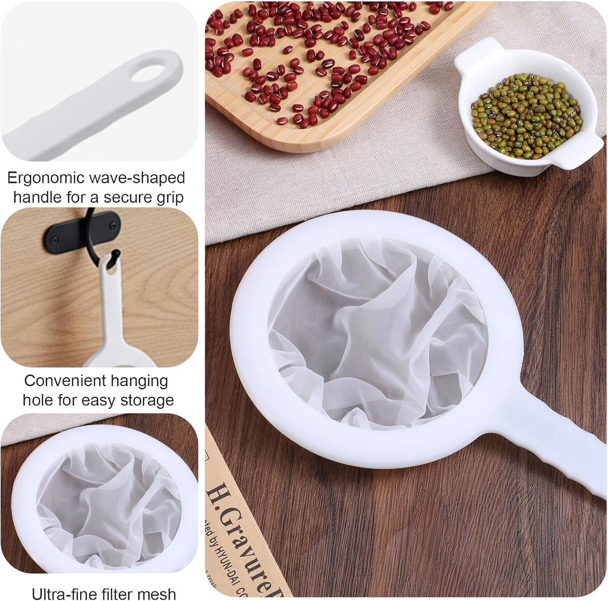 2 Pcs 120 Mesh Fine Mesh Strainer, Nylon Strainer | Fine Mesh Sieve Meshes Strainers, with Non-Slip Handle, and Hanging Hole, for Juice, Juicing Coffee, Nut Milk