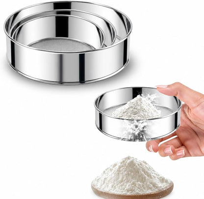 3-Piece Fine Mesh Sieve Set with brush and spatula, Stainless Steel Round Flour Sifter for Baking, Straining and Sifting, Includes 8" 60 Mesh, 6"and 4"40 Mesh Sieves