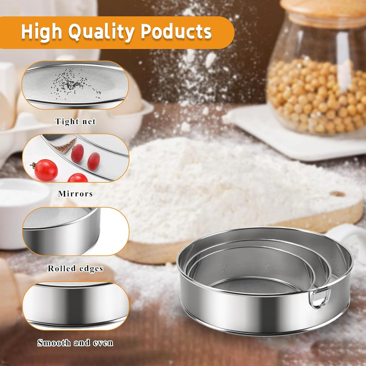 3-Piece Fine Mesh Sieve Set with brush and spatula, Stainless Steel Round Flour Sifter for Baking, Straining and Sifting, Includes 8" 60 Mesh, 6"and 4"40 Mesh Sieves