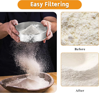 3-Piece Fine Mesh Sieve Set with brush and spatula, Stainless Steel Round Flour Sifter for Baking, Straining and Sifting, Includes 8" 60 Mesh, 6"and 4"40 Mesh Sieves