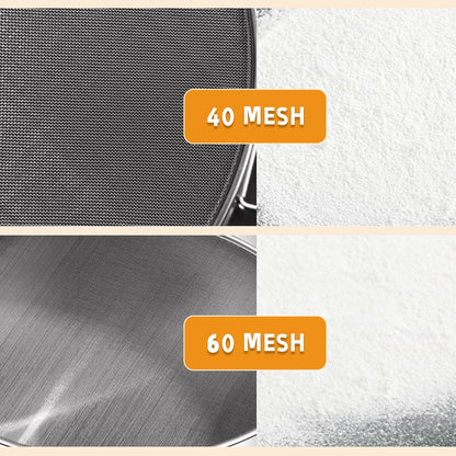 3-Piece Fine Mesh Sieve Set with brush and spatula, Stainless Steel Round Flour Sifter for Baking, Straining and Sifting, Includes 8" 60 Mesh, 6"and 4"40 Mesh Sieves