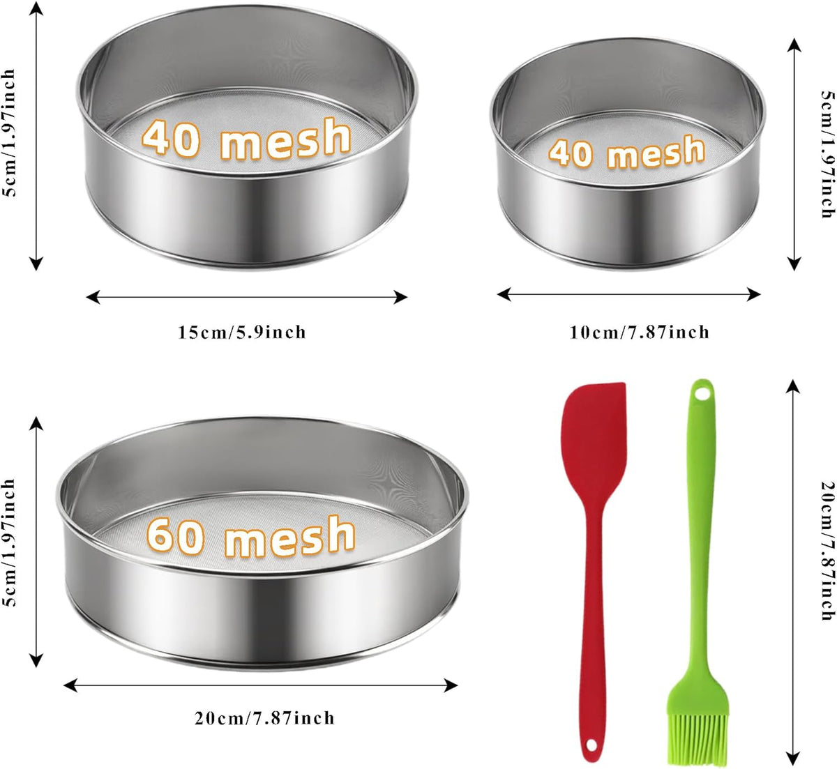 3-Piece Fine Mesh Sieve Set with brush and spatula, Stainless Steel Round Flour Sifter for Baking, Straining and Sifting, Includes 8" 60 Mesh, 6"and 4"40 Mesh Sieves