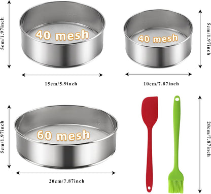 3-Piece Fine Mesh Sieve Set with brush and spatula, Stainless Steel Round Flour Sifter for Baking, Straining and Sifting, Includes 8" 60 Mesh, 6"and 4"40 Mesh Sieves