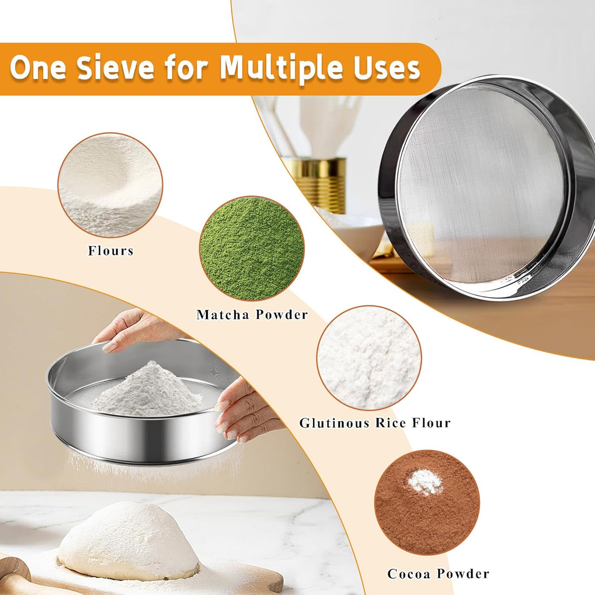 3-Piece Fine Mesh Sieve Set with brush and spatula, Stainless Steel Round Flour Sifter for Baking, Straining and Sifting, Includes 8" 60 Mesh, 6"and 4"40 Mesh Sieves