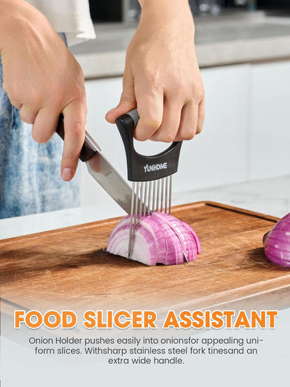 Onion Slicer Holder - Stainless Steel Onion Holder for Slicing - Tomato Slicer Vegetable Chopper Tool for Lemon Avocado, Food Slicer Assistant Tool for Fruit, Meat Tenderizer, Food Slicing Guide