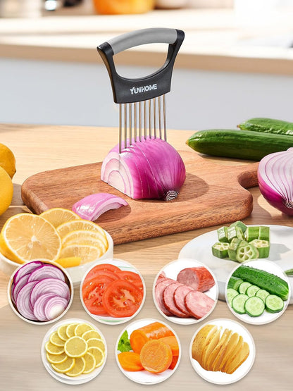 Onion Slicer Holder - Stainless Steel Onion Holder for Slicing - Tomato Slicer Vegetable Chopper Tool for Lemon Avocado, Food Slicer Assistant Tool for Fruit, Meat Tenderizer, Food Slicing Guide