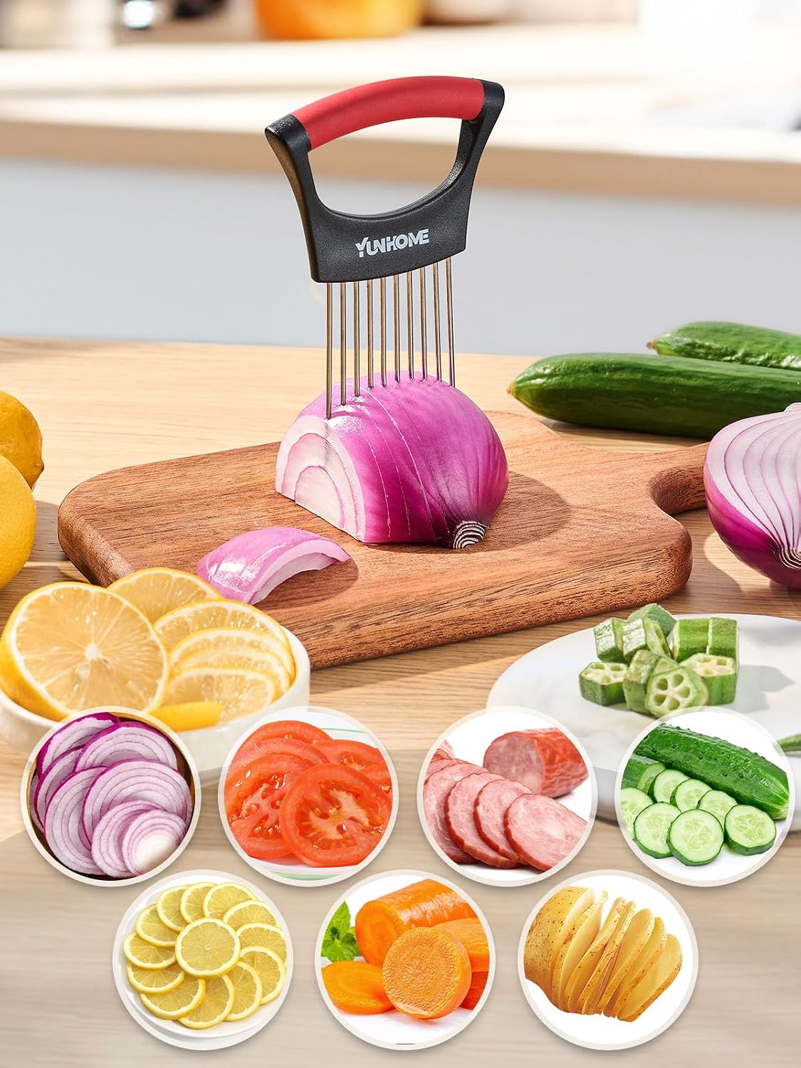 Onion Slicer Holder - Stainless Steel Onion Holder for Slicing - Tomato Slicer Vegetable Chopper Tool for Lemon Avocado, Food Slicer Assistant Tool for Fruit, Meat Tenderizer, Food Slicing Guide