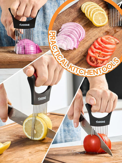 Onion Slicer Holder - Stainless Steel Onion Holder for Slicing - Tomato Slicer Vegetable Chopper Tool for Lemon Avocado, Food Slicer Assistant Tool for Fruit, Meat Tenderizer, Food Slicing Guide