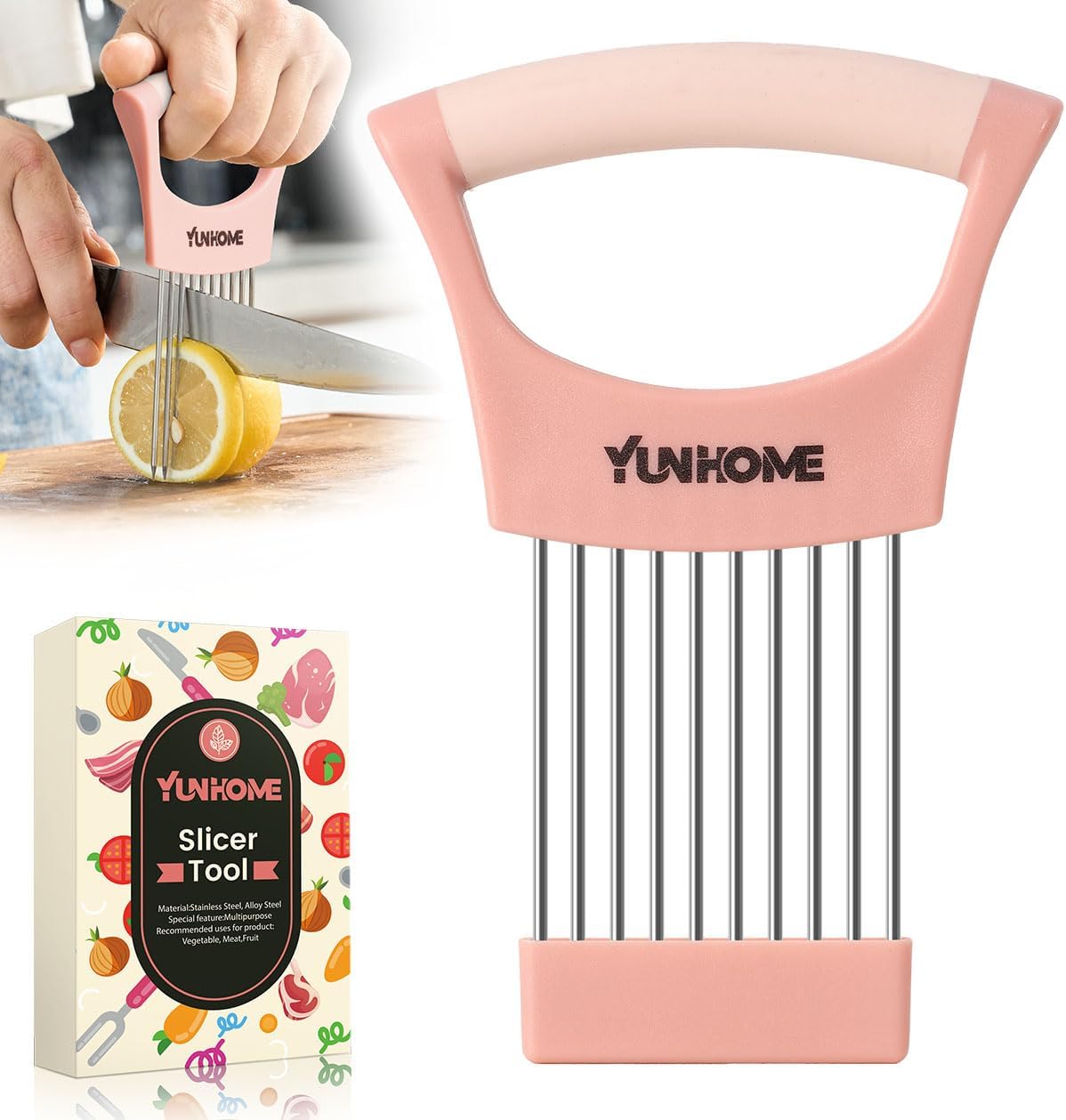 Onion Slicer Holder - Stainless Steel Onion Holder for Slicing - Tomato Slicer Vegetable Chopper Tool for Lemon Avocado, Food Slicer Assistant Tool for Fruit, Meat Tenderizer, Food Slicing Guide