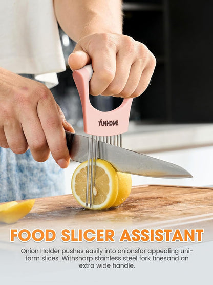 Onion Slicer Holder - Stainless Steel Onion Holder for Slicing - Tomato Slicer Vegetable Chopper Tool for Lemon Avocado, Food Slicer Assistant Tool for Fruit, Meat Tenderizer, Food Slicing Guide