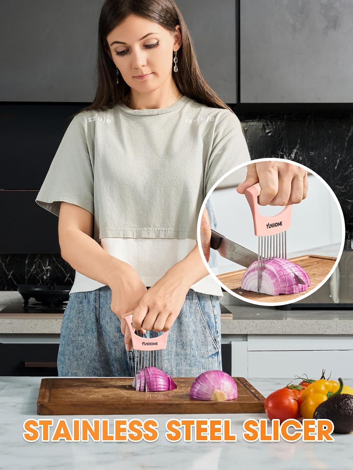 Onion Slicer Holder - Stainless Steel Onion Holder for Slicing - Tomato Slicer Vegetable Chopper Tool for Lemon Avocado, Food Slicer Assistant Tool for Fruit, Meat Tenderizer, Food Slicing Guide