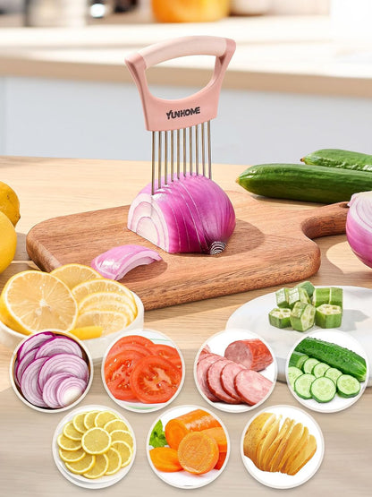Onion Slicer Holder - Stainless Steel Onion Holder for Slicing - Tomato Slicer Vegetable Chopper Tool for Lemon Avocado, Food Slicer Assistant Tool for Fruit, Meat Tenderizer, Food Slicing Guide