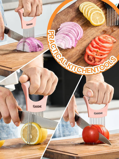 Onion Slicer Holder - Stainless Steel Onion Holder for Slicing - Tomato Slicer Vegetable Chopper Tool for Lemon Avocado, Food Slicer Assistant Tool for Fruit, Meat Tenderizer, Food Slicing Guide