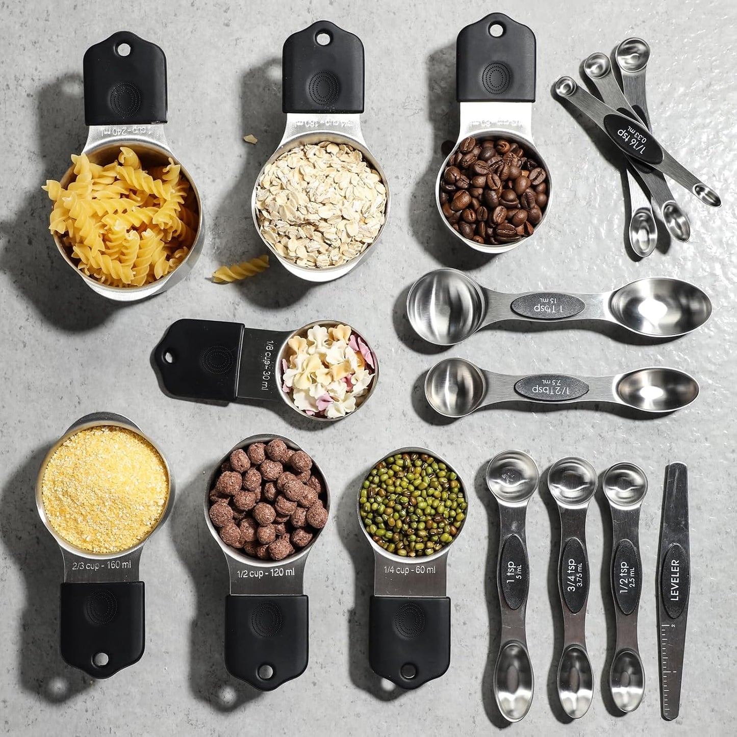 Magnetic Measuring Cups&Spoons Measuring Cup Double Sided Measuring Spoon | 7 Stainless Steel Measuring Cups 8 Magnetic Measuring Spoons Set with 1 Leveler Kitchen Tools for Cooking Baking
