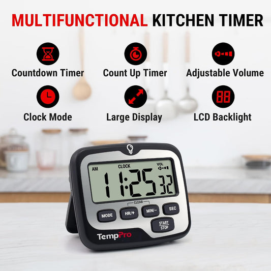 TM01 2-in-1 Kitchen Timers for Cooking with 12/24H Clock Mode | Magnetic Timer with Adjustable Alarm Volume, Digital Timer with Touch Backlight, Kids Timers for Classroom Teacher Supplies