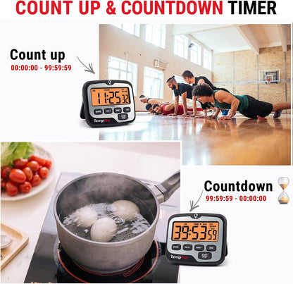 TM01 2-in-1 Kitchen Timers for Cooking with 12/24H Clock Mode | Magnetic Timer with Adjustable Alarm Volume, Digital Timer with Touch Backlight, Kids Timers for Classroom Teacher Supplies