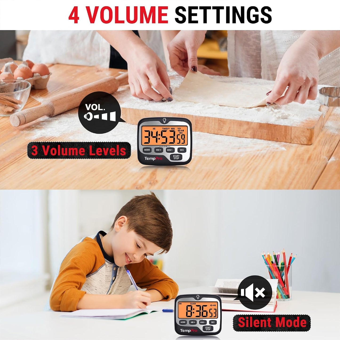 TM01 2-in-1 Kitchen Timers for Cooking with 12/24H Clock Mode | Magnetic Timer with Adjustable Alarm Volume, Digital Timer with Touch Backlight, Kids Timers for Classroom Teacher Supplies