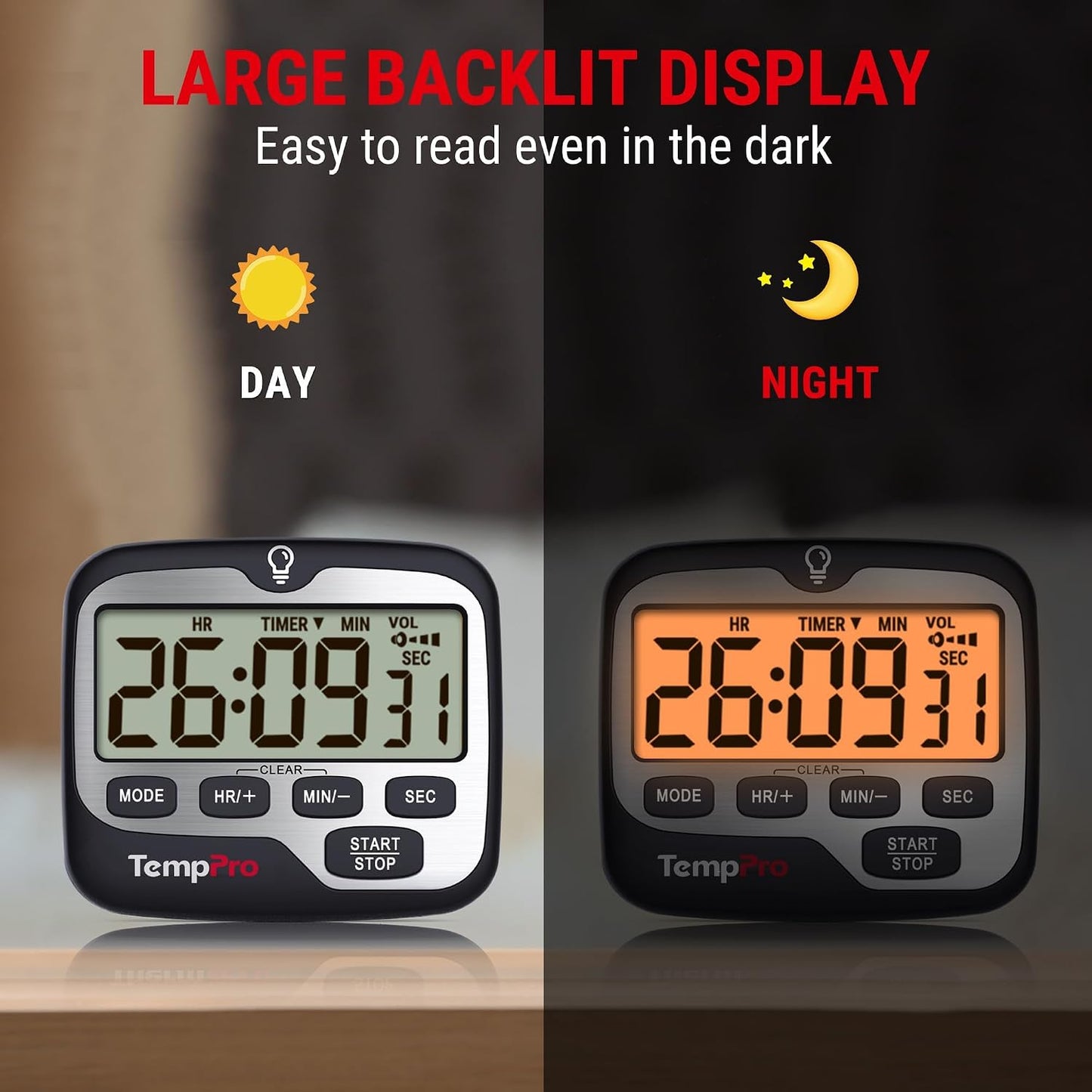 TM01 2-in-1 Kitchen Timers for Cooking with 12/24H Clock Mode | Magnetic Timer with Adjustable Alarm Volume, Digital Timer with Touch Backlight, Kids Timers for Classroom Teacher Supplies