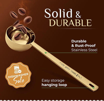 Premium Coffee Scoop Set - 1 Tbsp (15ml) & 2 Tbsp (30ml) Measuring Tablespoon - Stainless Steel Coffee Measuring Spoon and Scooper with Long Handles - Pack of 2 - Gold