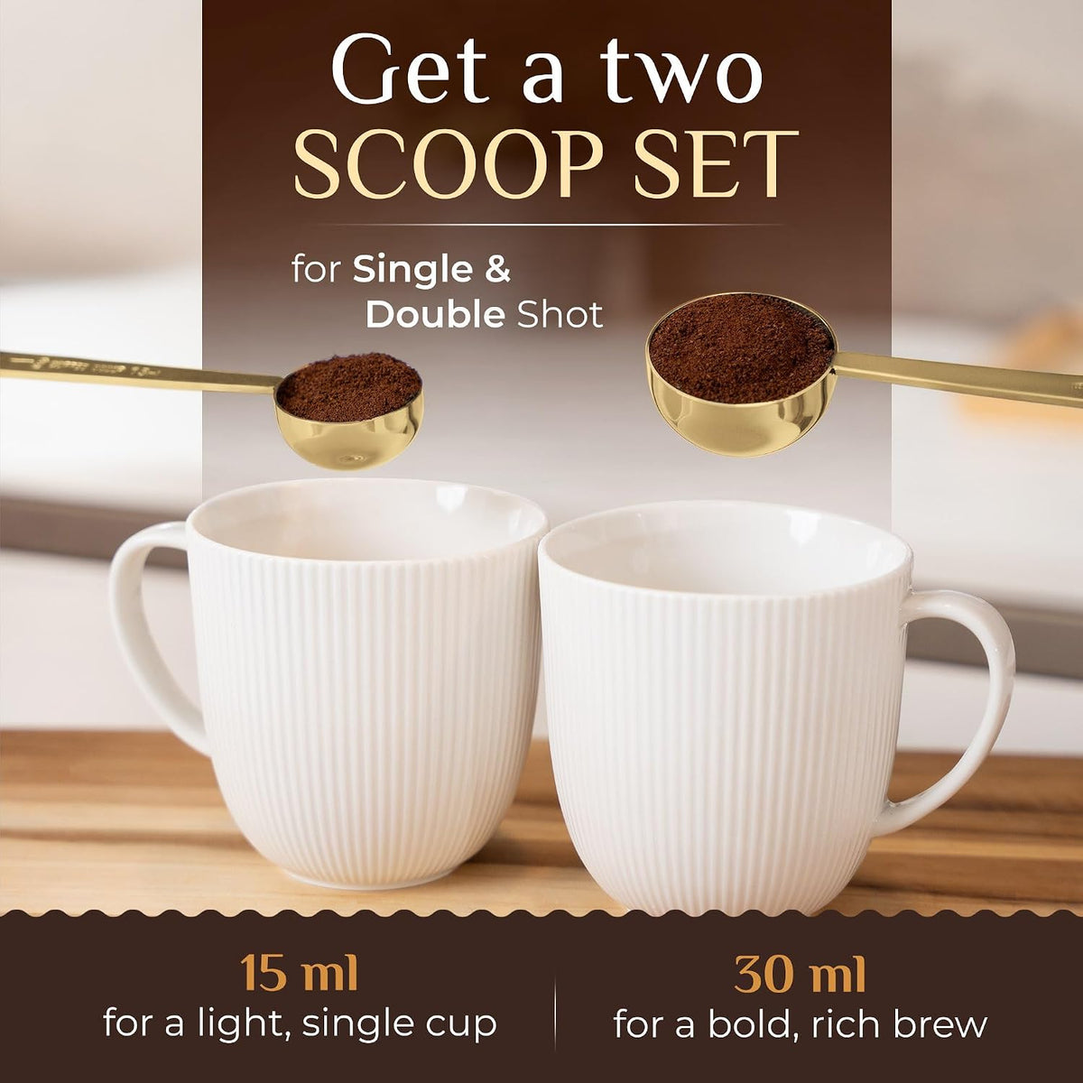 Premium Coffee Scoop Set - 1 Tbsp (15ml) & 2 Tbsp (30ml) Measuring Tablespoon - Stainless Steel Coffee Measuring Spoon and Scooper with Long Handles - Pack of 2 - Gold
