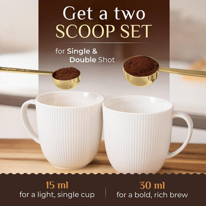 Premium Coffee Scoop Set - 1 Tbsp (15ml) & 2 Tbsp (30ml) Measuring Tablespoon - Stainless Steel Coffee Measuring Spoon and Scooper with Long Handles - Pack of 2 - Gold