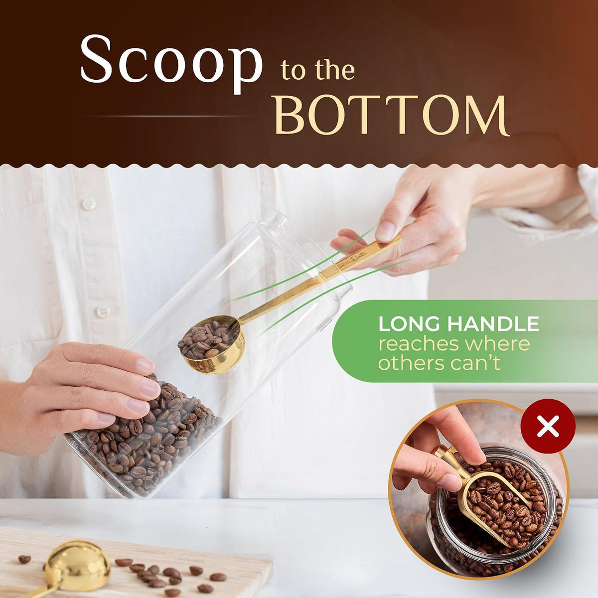 Premium Coffee Scoop Set - 1 Tbsp (15ml) & 2 Tbsp (30ml) Measuring Tablespoon - Stainless Steel Coffee Measuring Spoon and Scooper with Long Handles - Pack of 2 - Gold