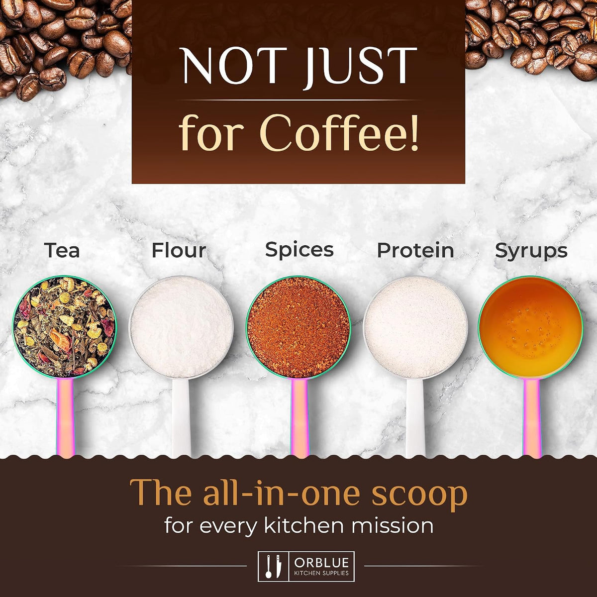 Premium Coffee Scoop Set - 1 Tbsp (15ml) & 2 Tbsp (30ml) Measuring Tablespoon - Stainless Steel Coffee Measuring Spoon and Scooper with Long Handles - Pack of 2 - Gold