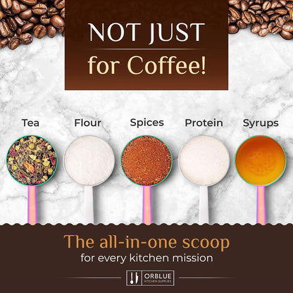 Premium Coffee Scoop Set - 1 Tbsp (15ml) & 2 Tbsp (30ml) Measuring Tablespoon - Stainless Steel Coffee Measuring Spoon and Scooper with Long Handles - Pack of 2 - Gold