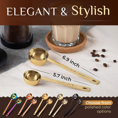 Premium Coffee Scoop Set - 1 Tbsp (15ml) & 2 Tbsp (30ml) Measuring Tablespoon - Stainless Steel Coffee Measuring Spoon and Scooper with Long Handles - Pack of 2 - Gold