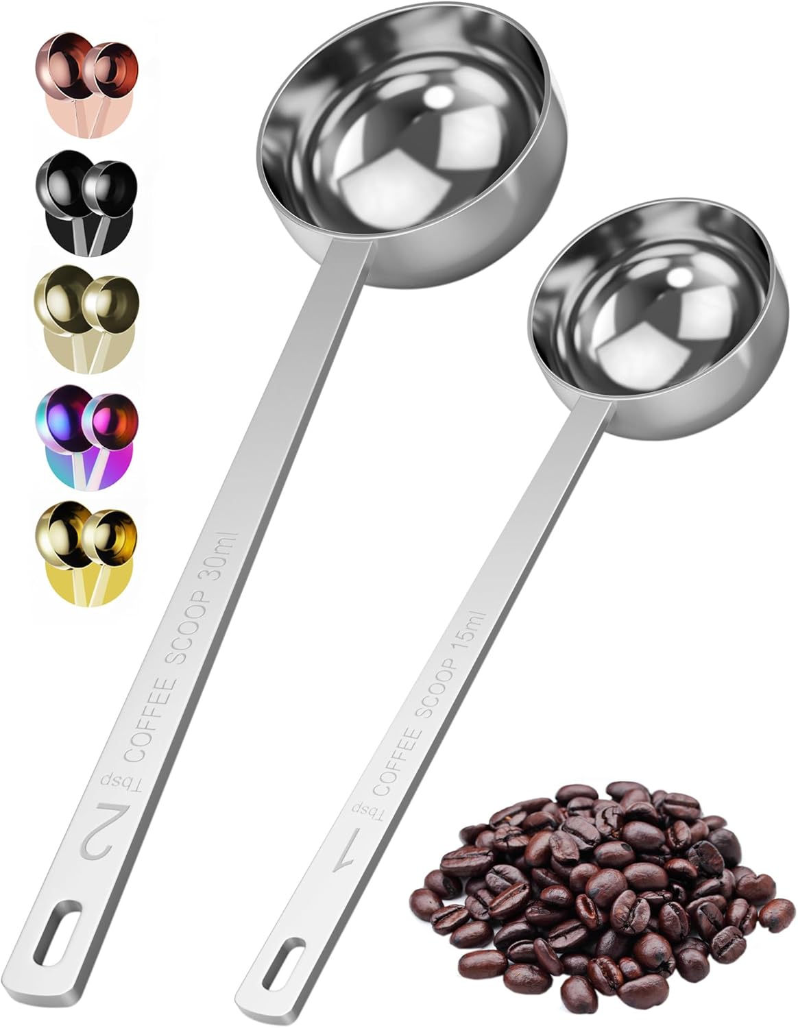 Premium Coffee Scoop Set - 1 Tbsp (15ml) & 2 Tbsp (30ml) Measuring Tablespoon - Stainless Steel Coffee Measuring Spoon and Scooper with Long Handles - Pack of 2 - Gold