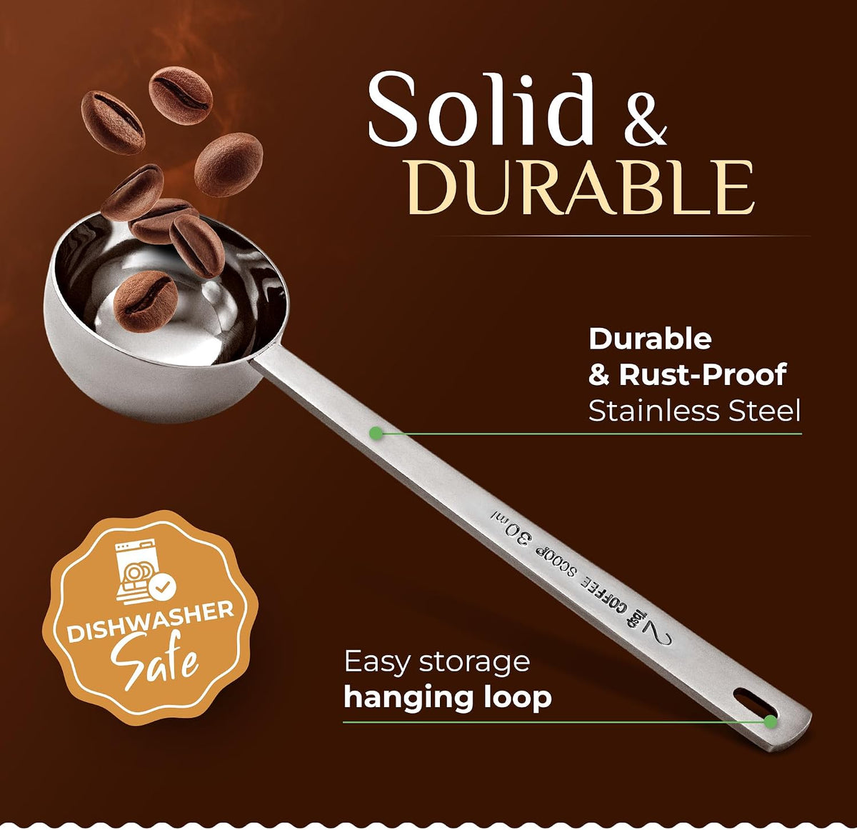 Premium Coffee Scoop Set - 1 Tbsp (15ml) & 2 Tbsp (30ml) Measuring Tablespoon - Stainless Steel Coffee Measuring Spoon and Scooper with Long Handles - Pack of 2 - Gold