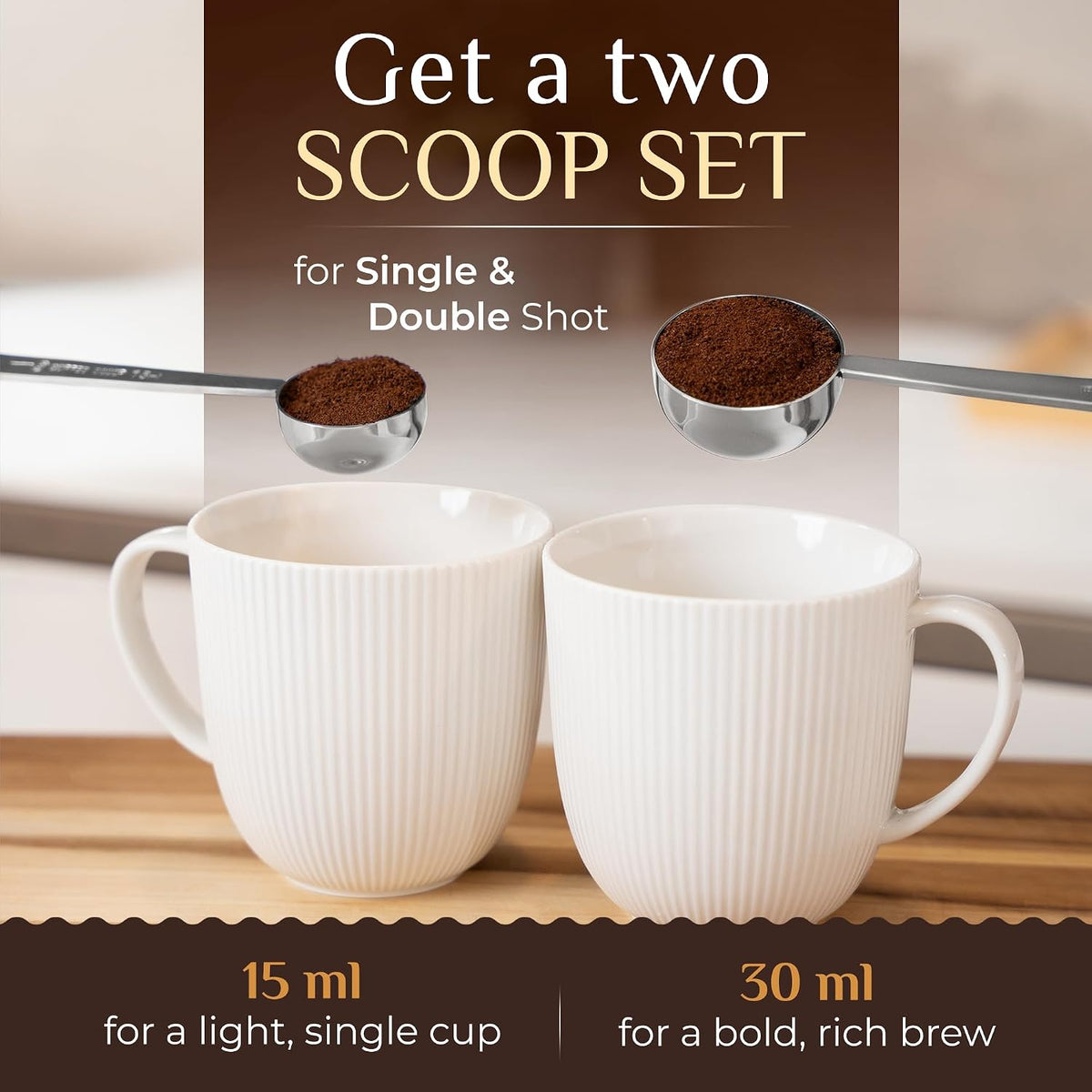 Premium Coffee Scoop Set - 1 Tbsp (15ml) & 2 Tbsp (30ml) Measuring Tablespoon - Stainless Steel Coffee Measuring Spoon and Scooper with Long Handles - Pack of 2 - Gold